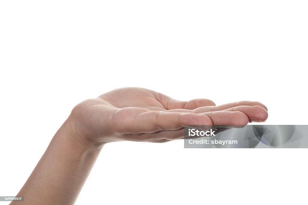 Hand, open palm A young woman's hand, open palm on a white background. Palm of Hand Stock Photo