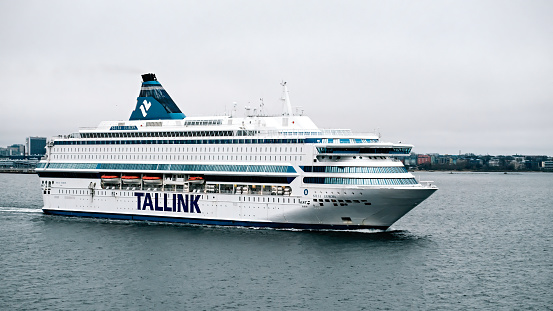 Tallinn, Estonia - 11.03.2019: Ferry Cruise Ship SILJA EUROPA in Gulf of Finland. Baltic Sea. Cloudy weather. High quality photo