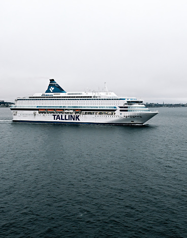 Tallinn, Estonia - 11.03.2019: Ferry Cruise Ship SILJA EUROPA in Gulf of Finland. Baltic Sea. Cloudy weather. High quality photo