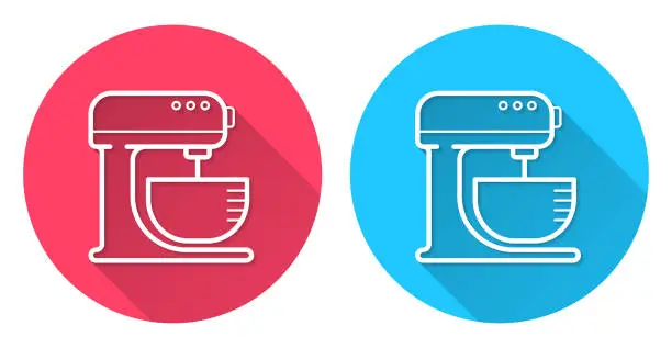 Vector illustration of Stand mixer. Round icon with long shadow on red or blue background