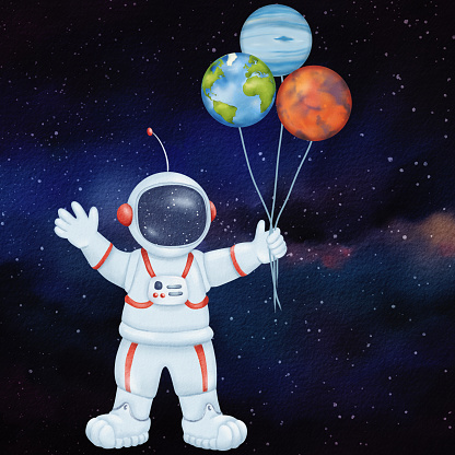 Space-themed card. astronaut stands against the boundless starry sky with a bouquet of planets, balloons. cheerful character for a birthday, invitation, for a costume party. watercolor illustration.