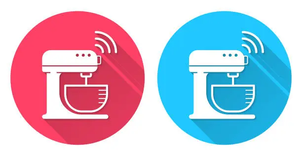 Vector illustration of Smart stand mixer. Round icon with long shadow on red or blue background