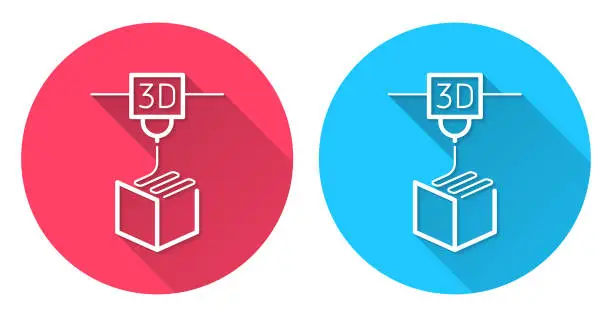 Vector illustration of 3D printer. Round icon with long shadow on red or blue background