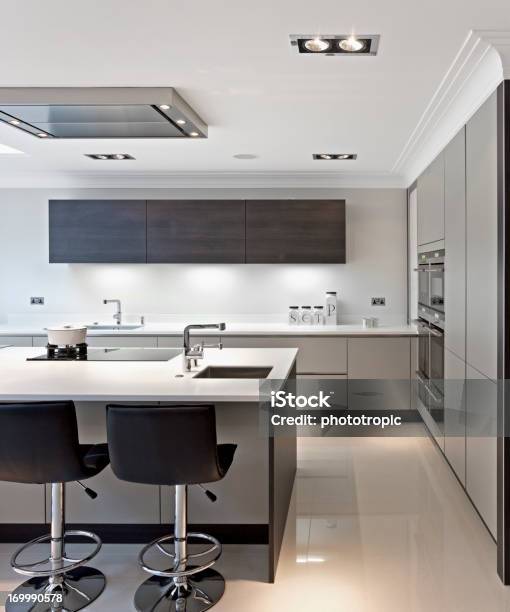 Bright Modern Kitchen Stock Photo - Download Image Now - Illuminated, Kitchen Counter, Lighting Equipment