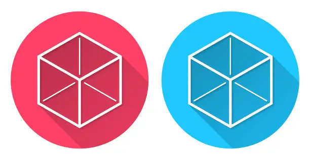 Vector illustration of Isometric cube. Round icon with long shadow on red or blue background
