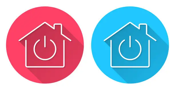 Vector illustration of Smart home - House with power button. Round icon with long shadow on red or blue background