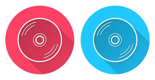 Vector illustration of CD or DVD. Round icon with long shadow on red or blue background