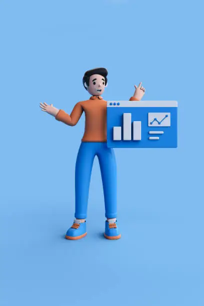 Photo of 3D rendering of Cartoon man with business charts.