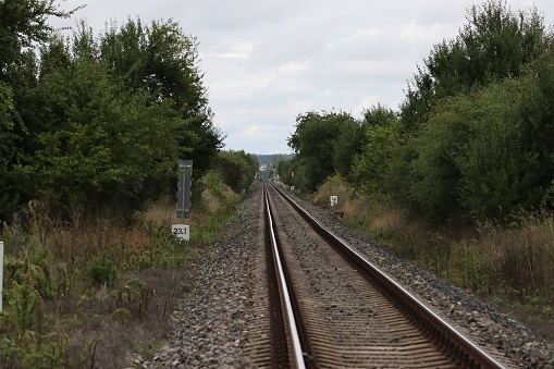 Railway in green hills in Scotland, surrounded