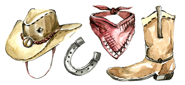 Set of Wild West cowboy clothes. A gray horseshoe, a wide-brimmed hat, a high boot and a bandana with a burgundy pattern. Hand drawn watercolor illustration on white background for your design