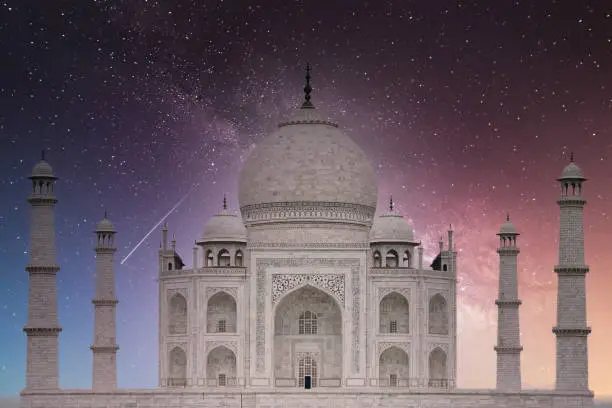 Photo of Taj Mahal white marble mausoleum landmark in Agra, Uttar Pradesh, India, beautiful ancient tomb