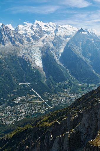 Massif Mont Blanc and Chamonix village at the foot of it. Rhone Alps, France