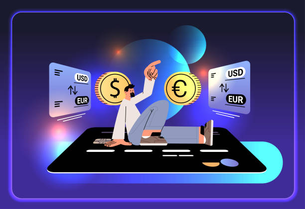 man stock broker sitting on credit card financial trading payment systems currency exchange concept horizontal vector art illustration