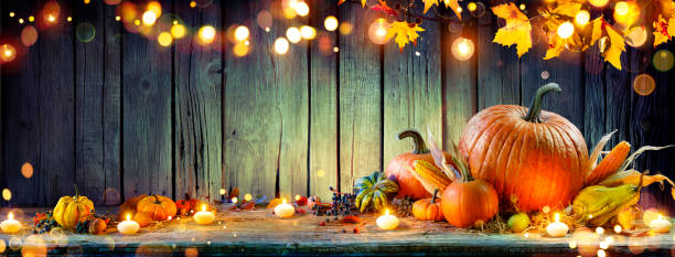 Thanksgiving - Kürbisse und Hornvögel auf rustikalem Tisch mit defokussierten Bokeh-Lichtern – Foto