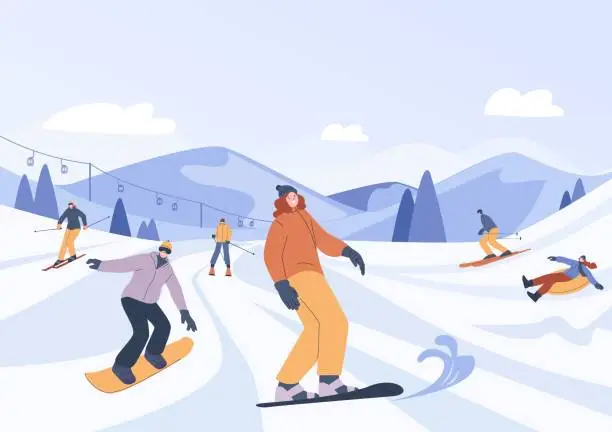 Vector illustration of Snow ski resort. Snowboard family holidays, sport friends skiing and snowboarding. Winter outdoor activities, christmas travel kicky vector scene