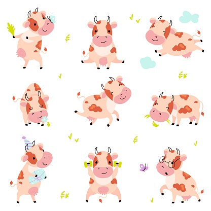 Cute cow. Funny cartoon cows, milk farm animals. Humorous mammal walking, eating and training. Childish emotionality nowaday vector characters cow farm milk illustration
