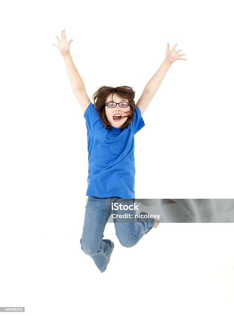 Bambina, saltando su sfondo bianco - Foto stock royalty-free di Saltare