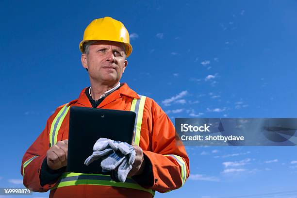 Worker And Tablet Pc Stock Photo - Download Image Now - Miner, Digital Tablet, Foreperson