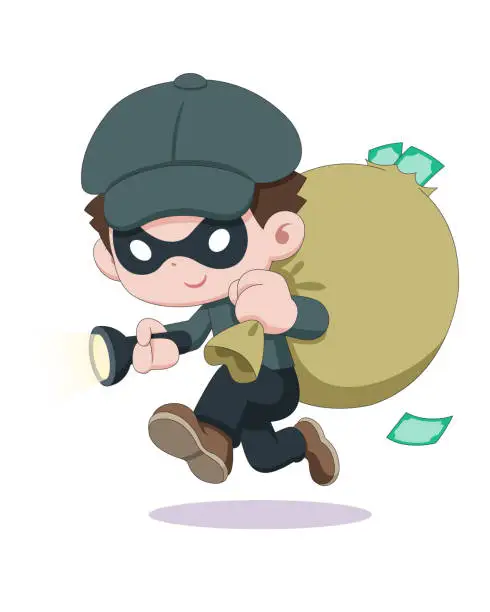 Vector illustration of Cute style burglar carrying huge money bag cartoon illustration
