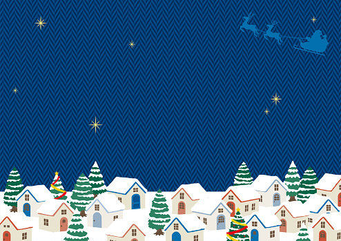 Hand-drawn illustration of a snowy Christmas cityscape. Blue Herringbone pattern background.
