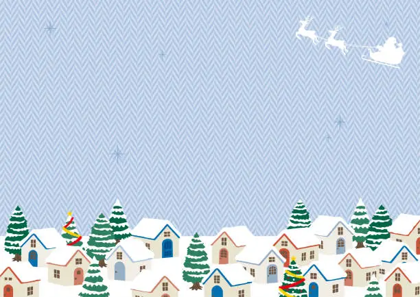 Vector illustration of Hand-drawn illustration of a snowy Christmas cityscape. Light blue Herringbone pattern background.