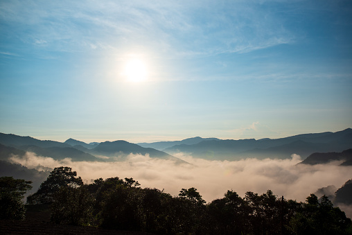 The orange-red glow of the sunrise illuminated the raging sea of clouds. Early morning view of tea gardens, sea of clouds and sunrise, Nanshan Temple.