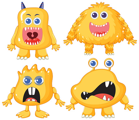 A delightful and adorable cartoon character of yellow alien monsters