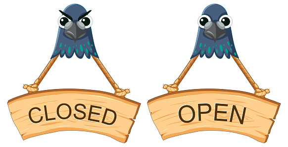 Colorful cartoon illustration of a pigeon face on a closed and open sign banner