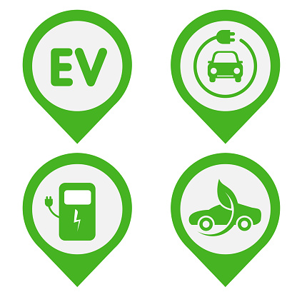 Electric vehicle. Set of vector icons. Service of electric vehicles. Recharger battery station for automobile. Friendly alternative energy. Vectror illustration
