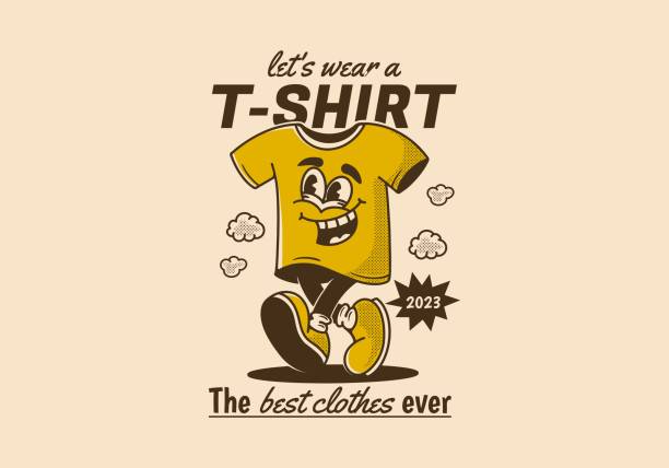 T-shirt, the best clothes ever. Mascot character illustration of walking t-shirt T-shirt, the best clothes ever. Mascot character illustration of walking t-shirt, design in vintage style cartoon t shirt design stock illustrations