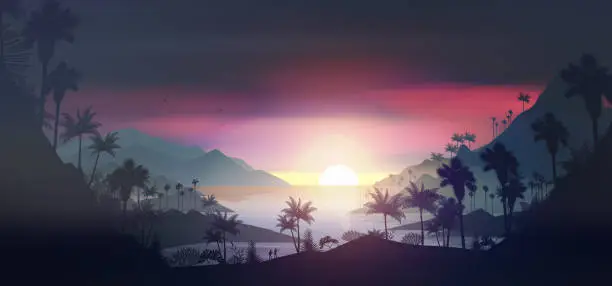 Vector illustration of Sunset on a tropical beach poster with palms