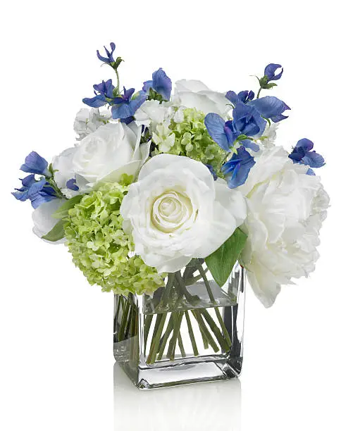 A delicate white peony hydrangea and blue sweet pea bouquet in a squared glass vase. Shot against a bright white background. There is a path which may be used to delete the reflection if desired. Extremely high quality faux flowers.