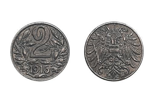 2 Heller 1916 Karl I. Coin of the Austrian Empire. Obverse Austrian shield on crowned double eagle's breast. Reverse Large numeral above date - all within leaves