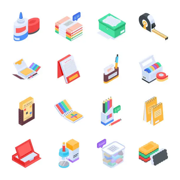 Vector illustration of Bundle of Stationery Items Isometric Icons