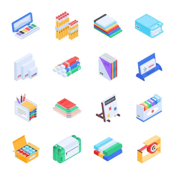 Vector illustration of Set of Stationery Tools Isometric Icons
