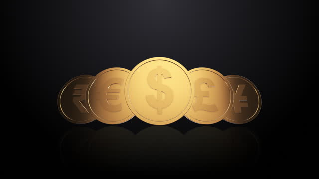 3D gold coins with currency symbols showing global finance dynamics