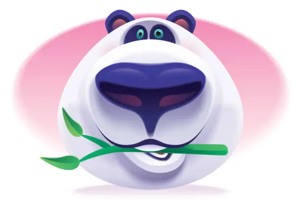 Vector illustration of funny panda biting bamboo branch icon