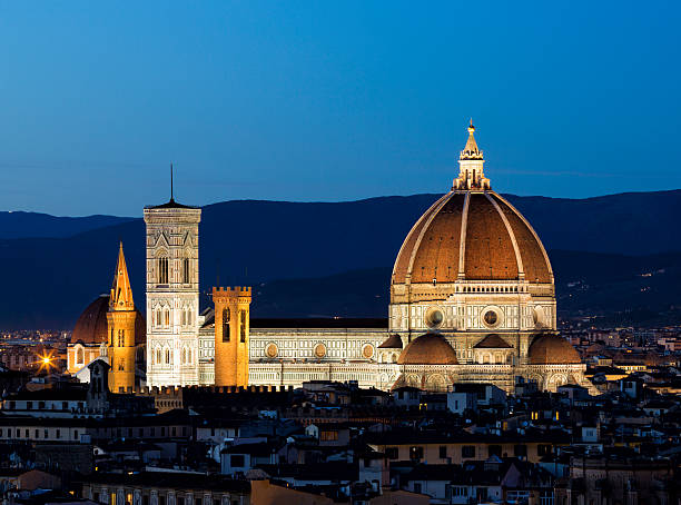 The Duomo and Campanile by night, Florence Tuscany Italy Panorama of Florence, the Duomo and Campanile Tower seen from Piazzale Michelangelo -  Tuscany Italy filippo brunelleschi stock pictures, royalty-free photos & images