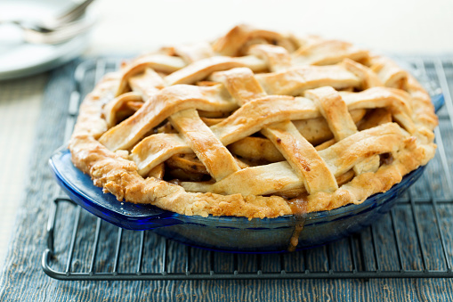A homemade apple pie with a lattice crust.