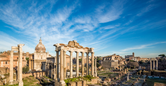 Roman Forum - the Temple of Saturn in the foreground, Rome Italy