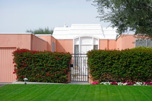 Pink and white gated and walled Mid Century Style townhouse. Garden of Petunias and Bougainvillea with lawn.