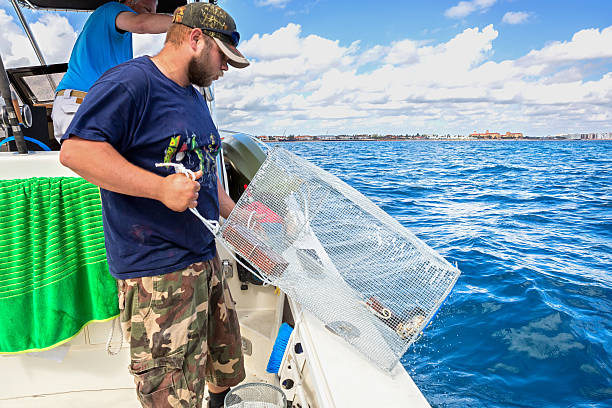 Fisherman throwing a crab trap Fisherman throwing a crab trap crabbing stock pictures, royalty-free photos & images