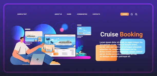 Vector illustration of man traveler choosing passenger liner on laptop sea cruise online booking summer vacation voyage concept