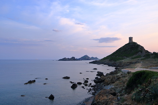 Sunset over the Genoese tower and lighthouse at Pointe de la Parata and Les Iles Sanguinaires near Ajaccio in Corsica