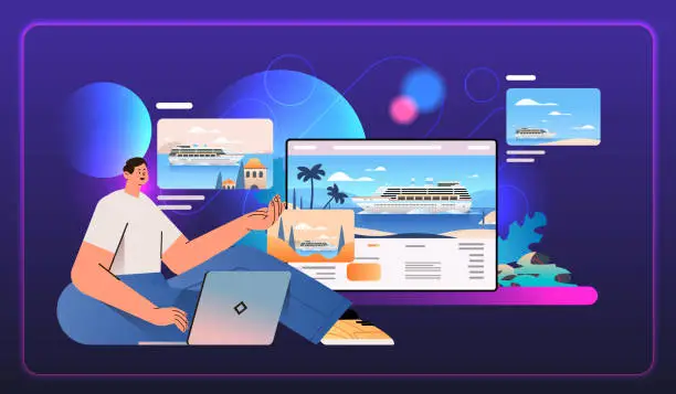 Vector illustration of man traveler choosing passenger liner on laptop sea cruise online booking summer vacation voyage concept