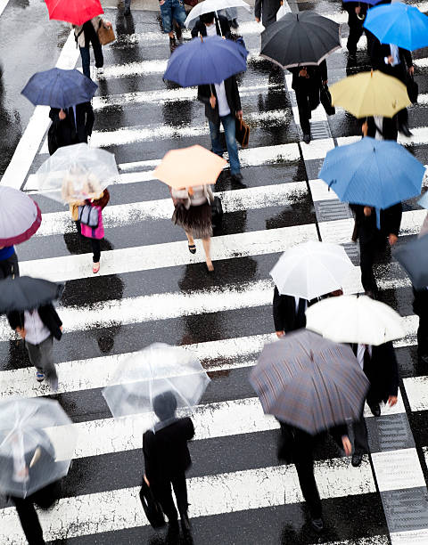 trabalhadores de chuva - umbrella parasol rain rush hour imagens e fotografias de stock