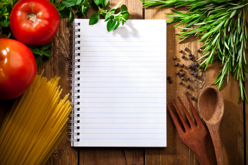 Recipe Notepad with Ingredients on Wooden Table, Copyspace on Notepad