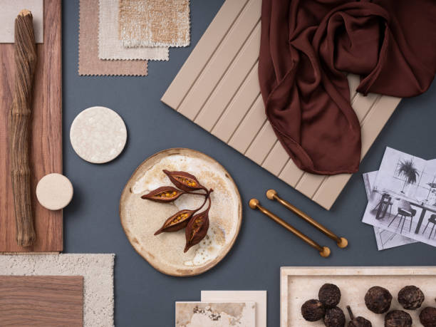 istock Creative flat lay composition with textile and paint samples, panels and cement tiles. Stylish interior designer moodboard. Blue, beige and brown color palette. Copy space. Template. 1700067962