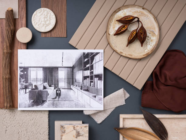 istock Creative flat lay composition in blue, beige and brown color palette with textile and paint samples, lamella panels and tiles. Architect and interior designer moodboard. Top view. Copy space. 1700067966