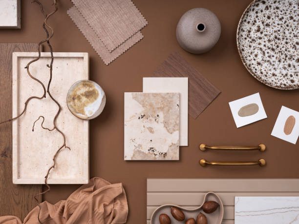 istock Elegant  flat lay composition in brown and beige color palette with textile and paint samples, lamella panels and tiles. Architect and interior designer moodboard. Top view. Copy space. 1700068514